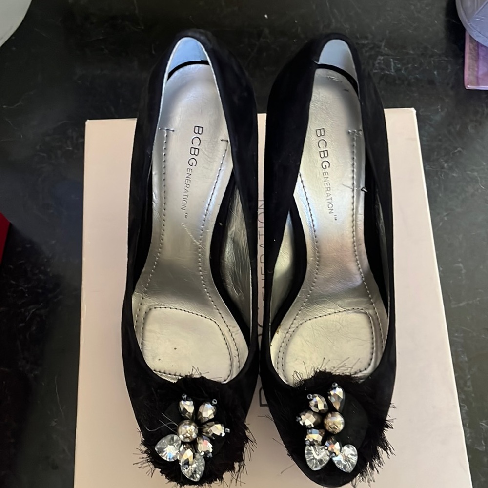 BCBG Evening size 8 black suede high heel platform “blinged” adorned shoes